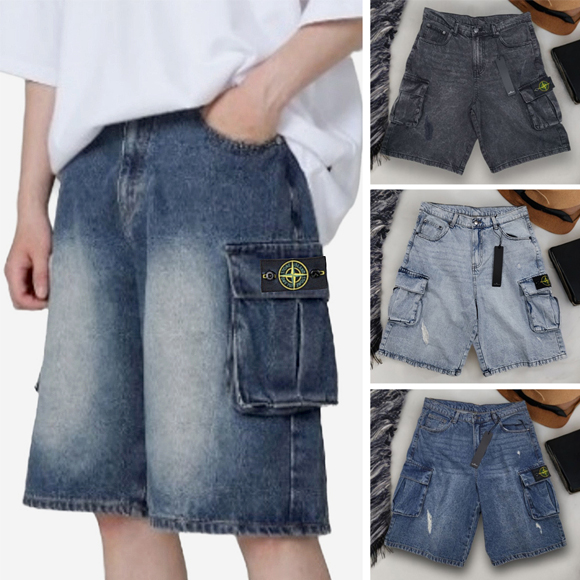 스톤 데님 카고 버뮤다 진